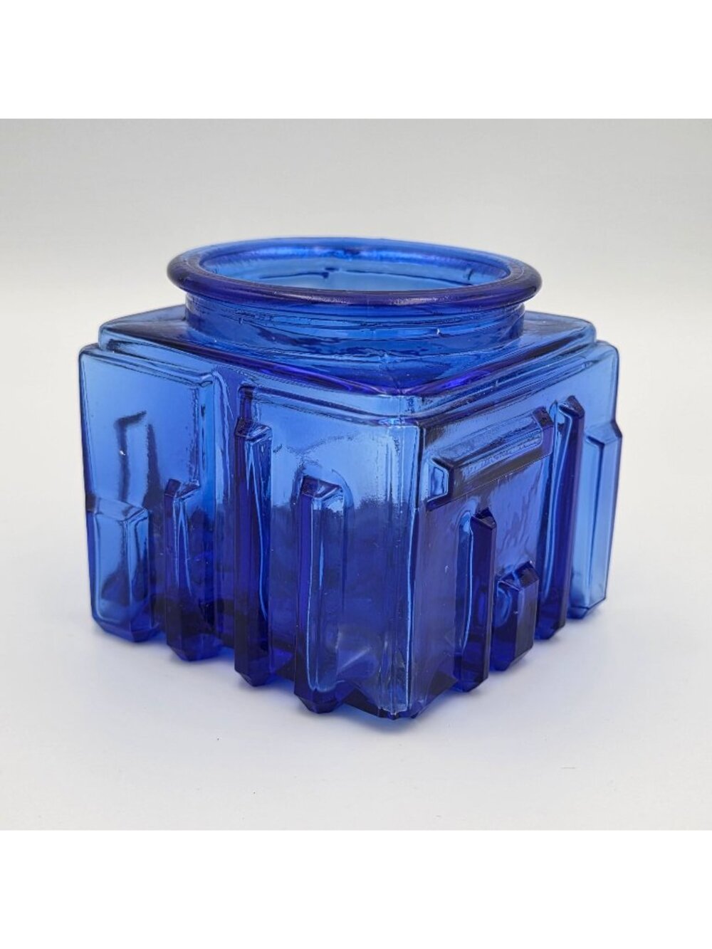 Cobalt Blue Art Deco Square Glass Vanity Powder Jar Textured No Lid 3.25" High